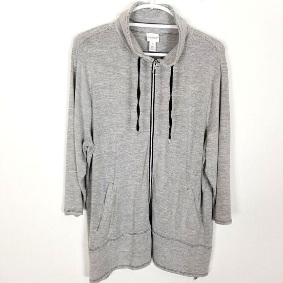 Chico's Weekends Women Full Zip Cardigan Size XL Gray striped Long Comfort - Picture 1 of 8